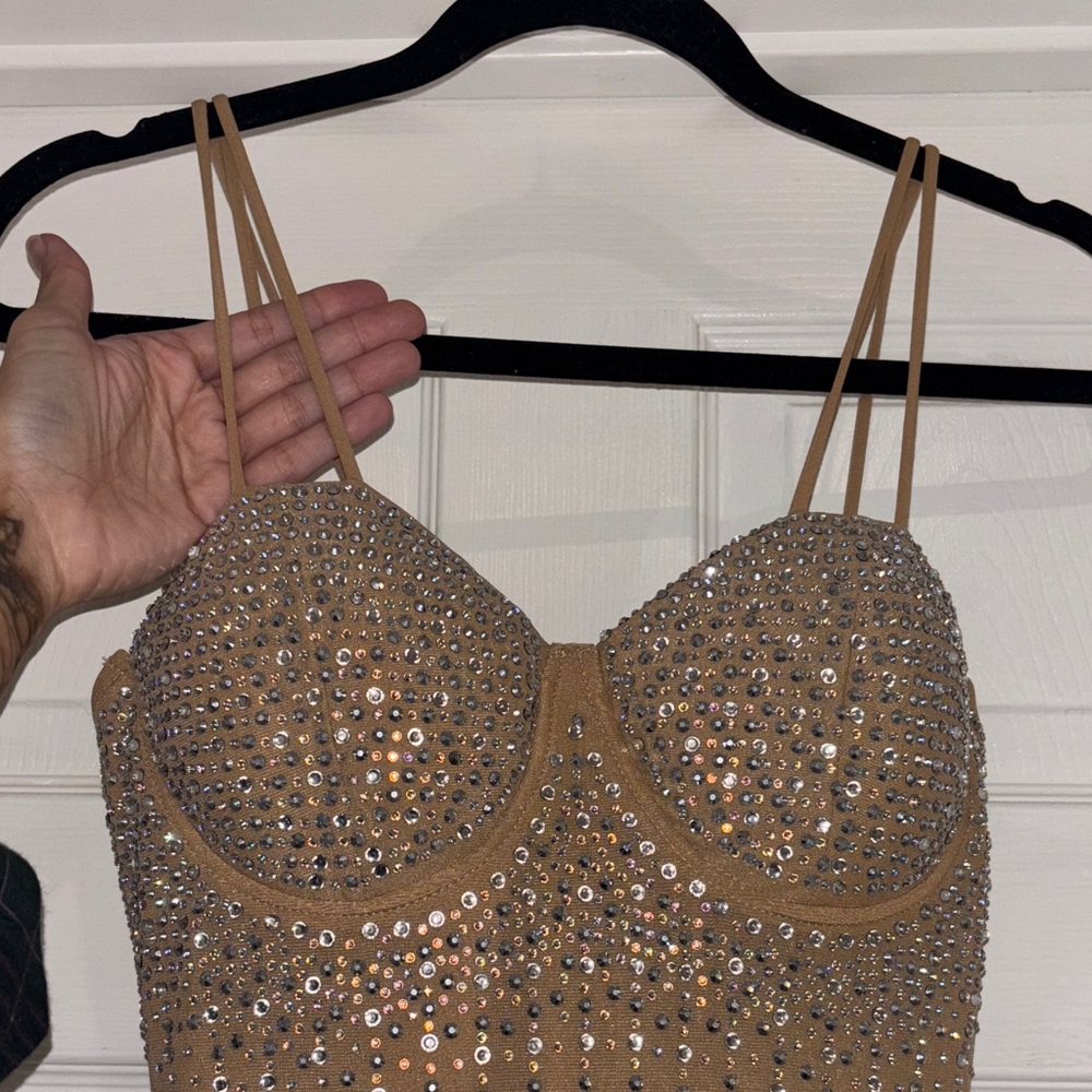 Banjul Tan Sequin Embellished double strap Dress bodysuit attached-sheer bottom - Picture 11 of 16